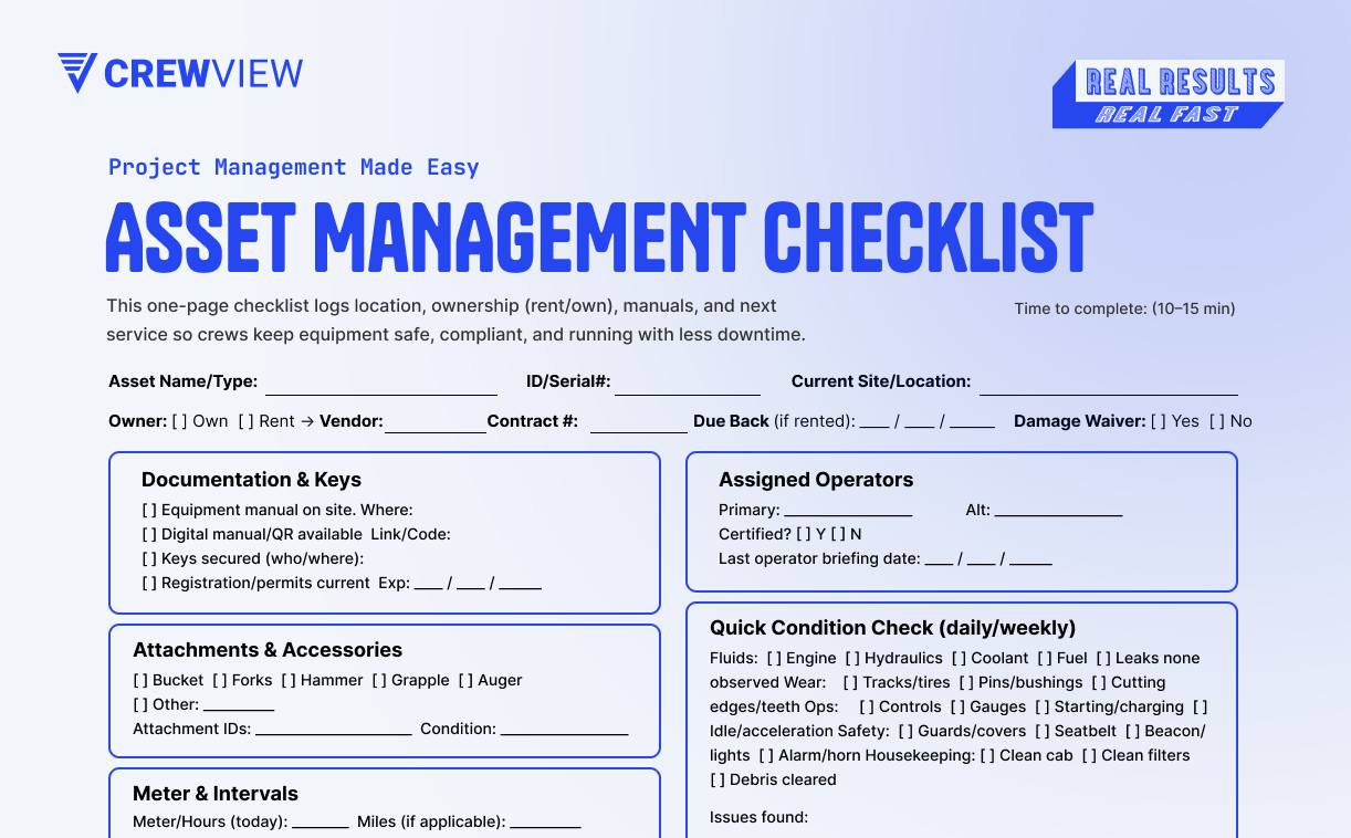 CrewView construction equipment maintenance and inspection record