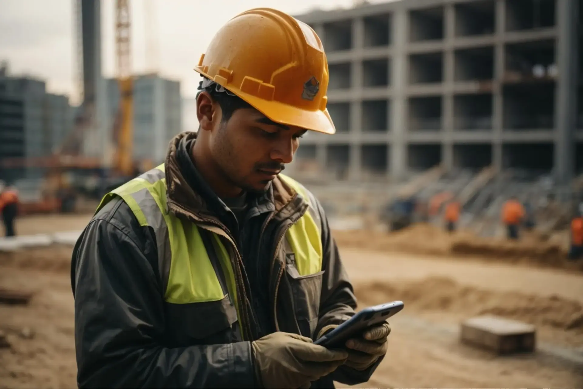 Construction employee using the CrewView GPS time clock on a phone