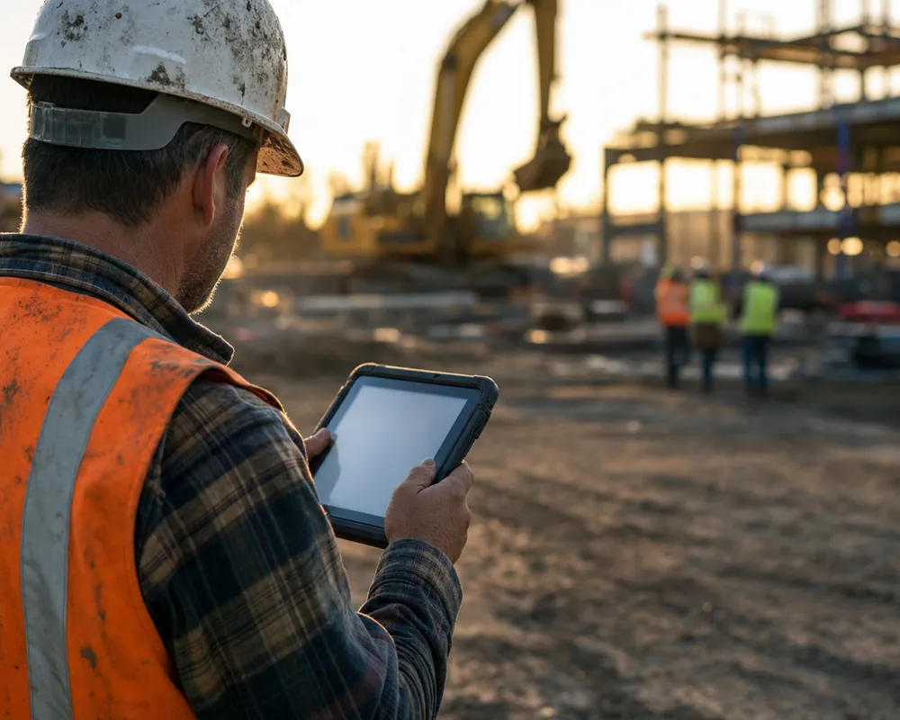 A construction foreman checking CrewView on a rugged tablet at a job site
