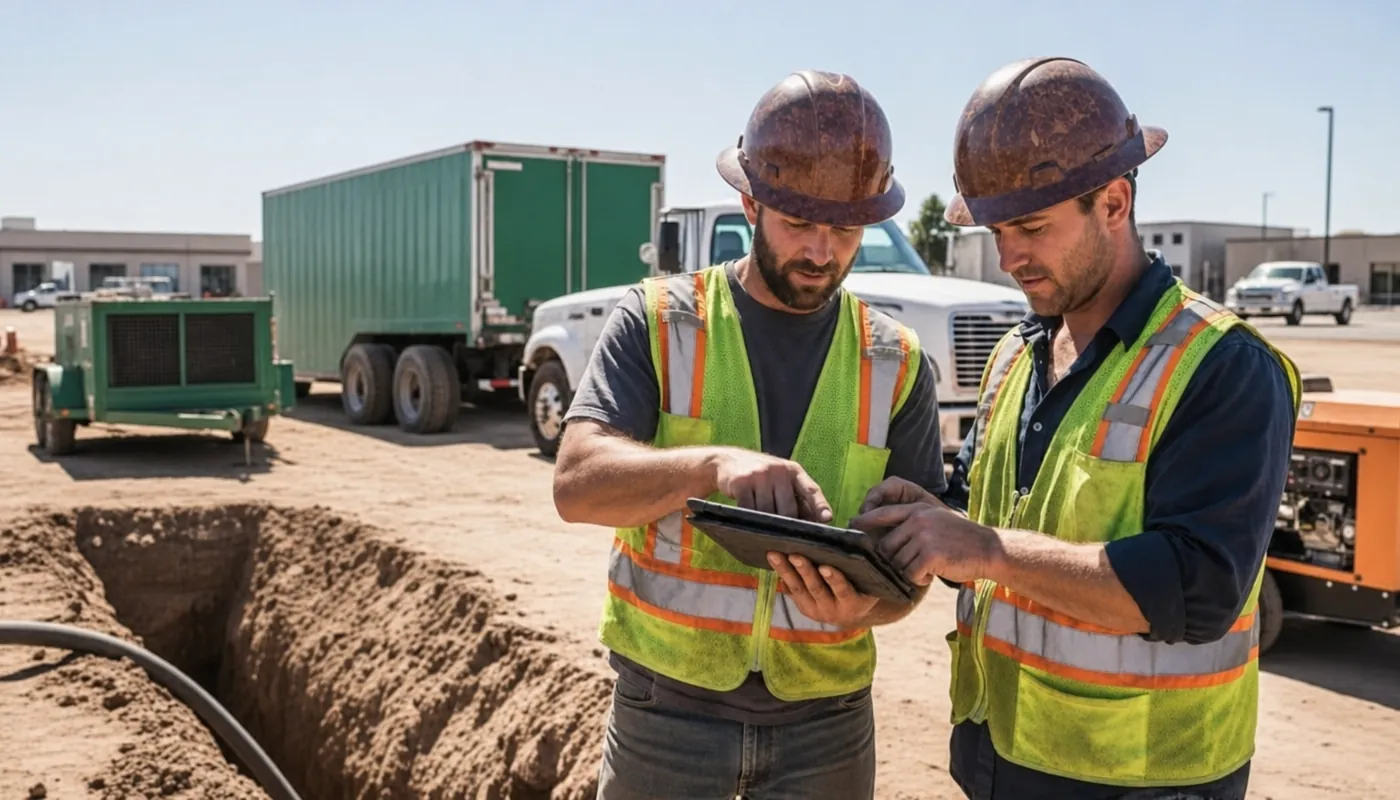 Two crew members checking a tablet together at the start of a shift