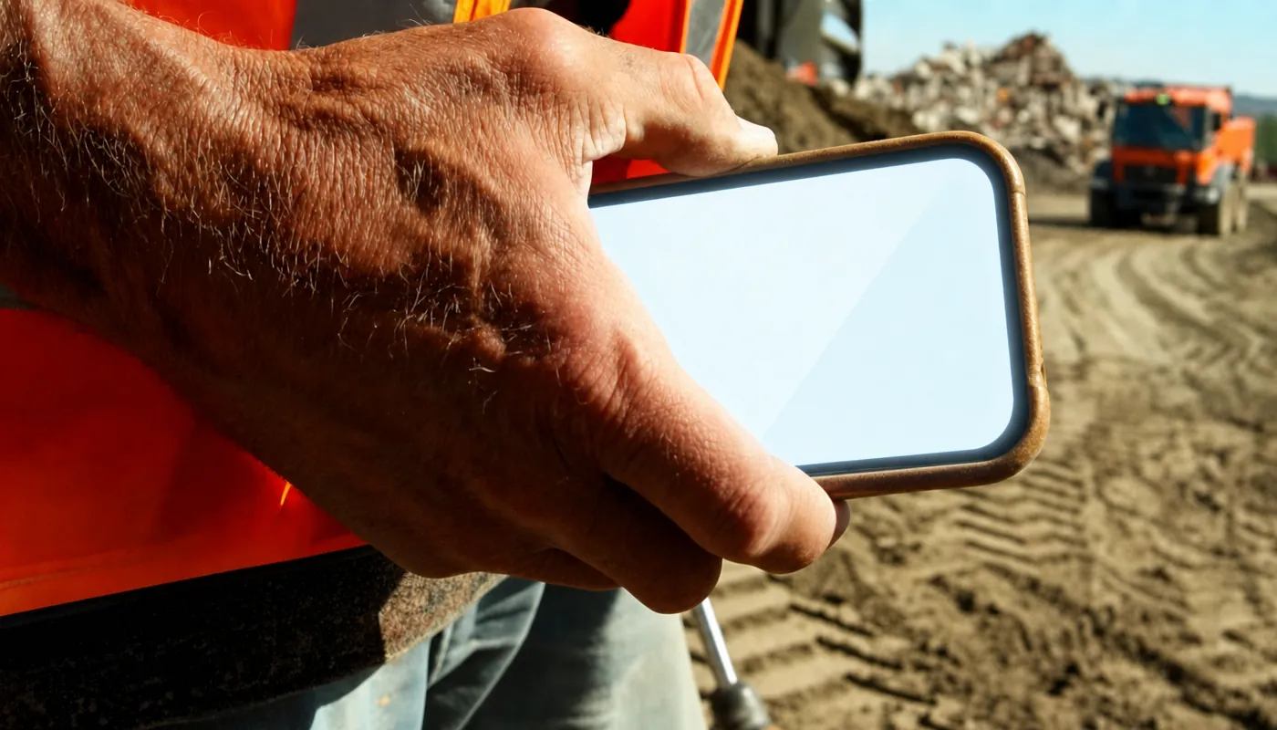 A worker holding a phone on a haul road at a jobsite