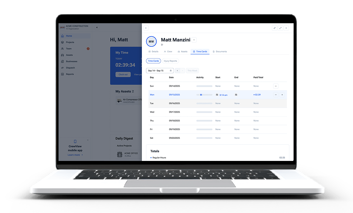 Construction GPS time entries and employee timecards in CrewView