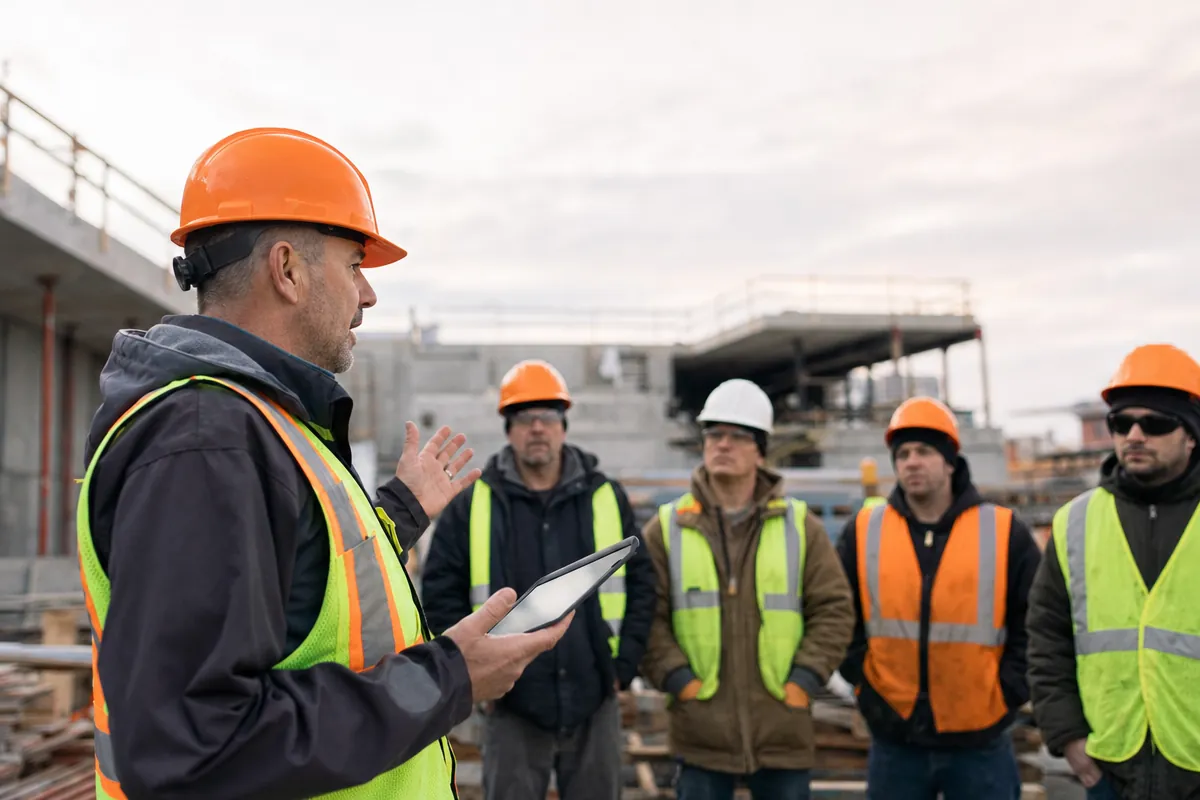 A site supervisor running a morning safety briefing with his crew