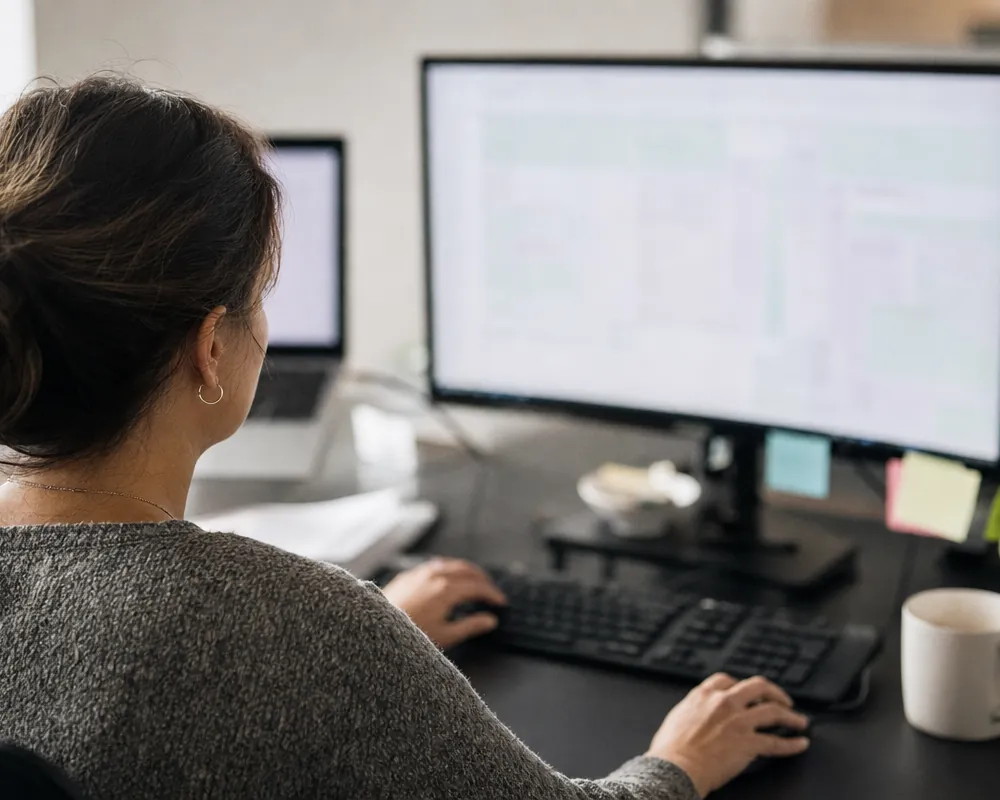 Payroll manager reviewing GPS construction timecards by project