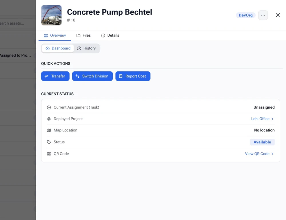 CrewView tool record with assignment, status, and equipment history