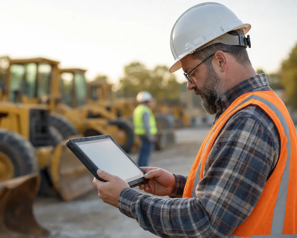 Equipment manager reviewing construction tool maintenance records