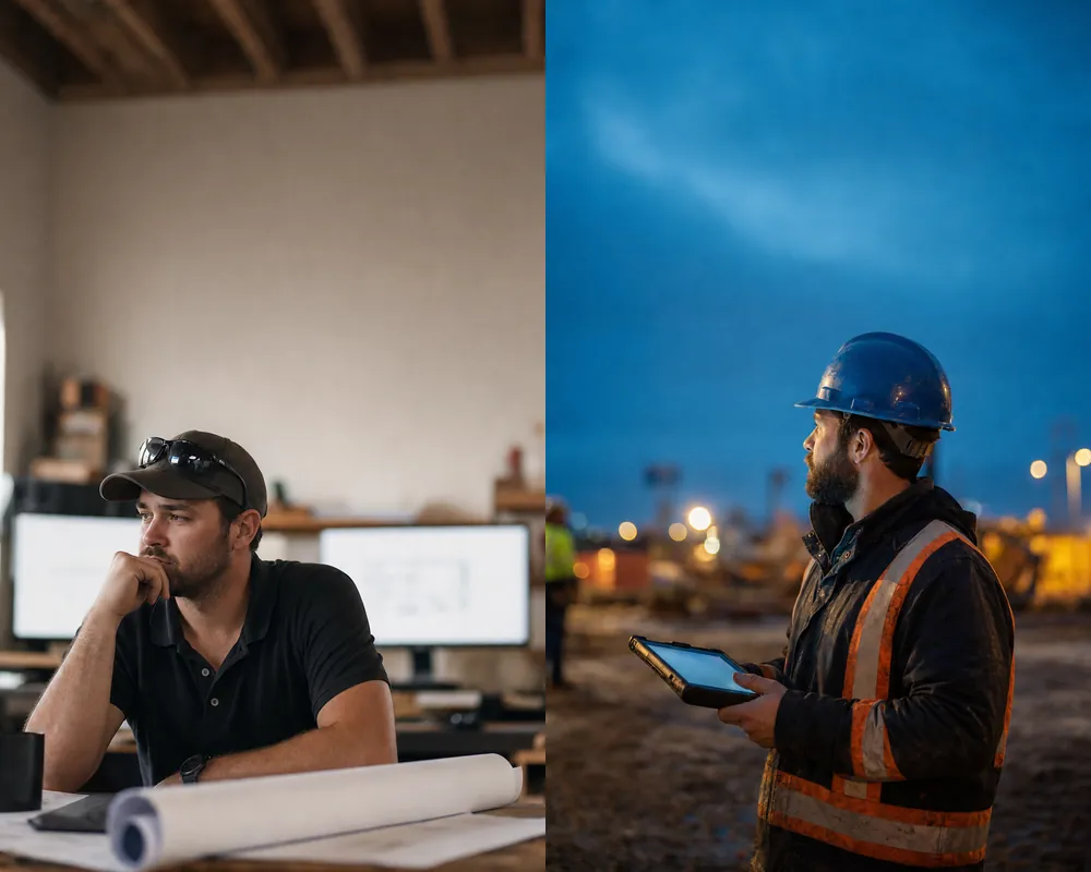 A project manager in the office and a foreman on site, both working from CrewView