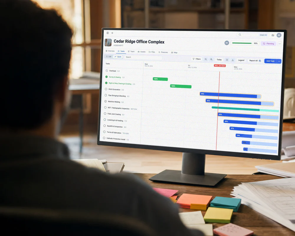 Someone at their desk reviewing a CrewView project schedule on a monitor