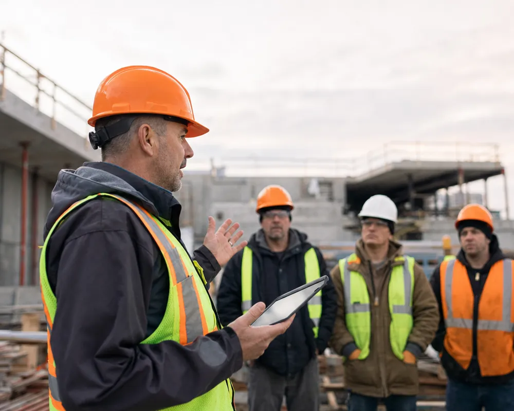 A site supervisor running a morning safety briefing with his crew