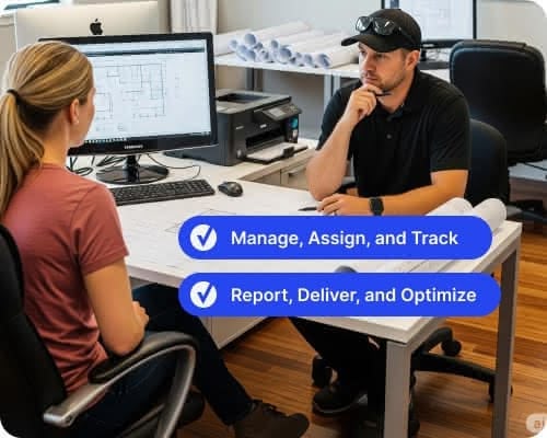 Office team reviewing project data